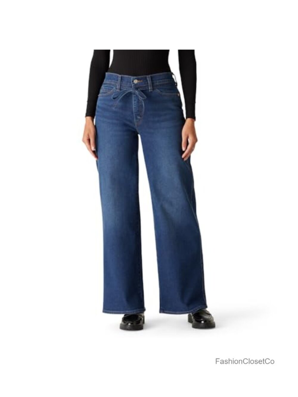 Wide Leg Jeans Mid-Rise Stretch Denim with Belt